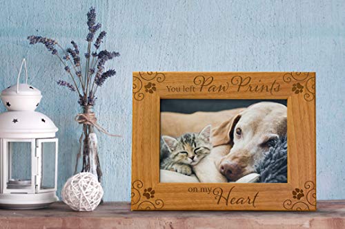 You Left Paw Prints On My Heart - Pet Memorial Picture Frame Gift, Engraved Natural Wood Fits a 5x7 Horizontal Portrait, Dog Remembrance, Sympathy Gift, In Memory of, Dog passing away, Condolence - size: 5x7 Horizontal