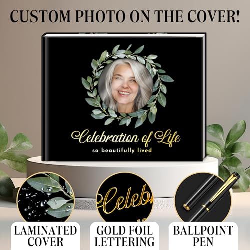 Premium Quality Gold Stamping Matt Hard Cover Funeral Guest Book, Celebration of Life Guest Book 96 Pages 120GSM Quality Paper W/Photo Cut Out, Table Sign and Elegant Black Pen Included