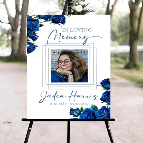 Blue Roses Funeral Welcome Sign, Blue Flowers Celebration of Life Welcome Sign, in Loving Memory Sign, Celebration of Life, Celebration of Life Sign, Memorial Sign with Photo,Funeral Welcome Sign # - color: Version #27
