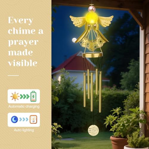 JYPS Angel Solar Wind Chimes, 40-Inch Large Waterproof Windchimes for Outside with Glowing Crackle Glass Ball, Garden Patio Yard Decor Mother's Day Birthday Unique Gifts for Women Mom Grandma Wife