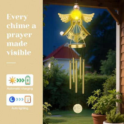 JYPS Angel Solar Wind Chimes, 40-Inch Large Waterproof Windchimes for Outside with Glowing Crackle Glass Ball, Garden Patio Yard Decor Mother's Day Birthday Unique Gifts for Women Mom Grandma Wife
