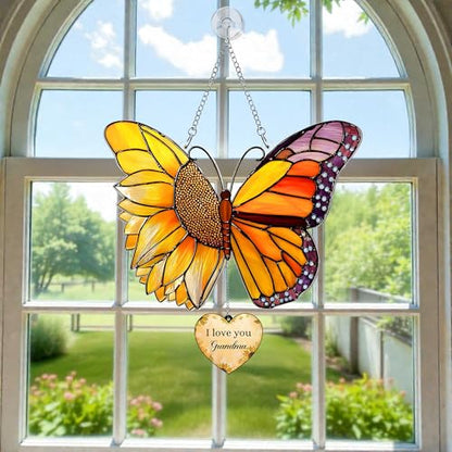 Butterfly Sunflower Acrylic Suncatcher with Card, I Love You Grandma Hanging with Heart Charm & Gift Card, Grandma Suncatcher, for Nana from Kids Grandkids - color: Grandma Butterfly Sunflower