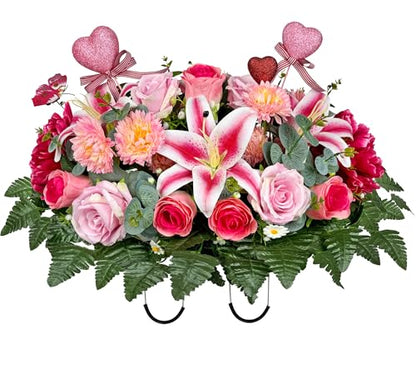 Cemetery Flowers Saddle and Headstone Flower Saddle -Pink Roses for Headstone Decorations, Sympathy & Memorial Tributes