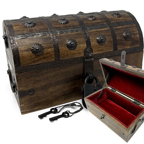Nautical Cove Wooden Treasure Chest with Padded Velvet Lining and Antique Lock with Skeleton Keys (Medium 11x6x6.5) – Luxury Wood Pirate Chest, Decorative Wooden Keepsake Box - size: Medium