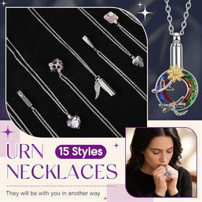 15 Pcs Urn Necklace for Ashes Women Keepsake Cremation Jewelry Stainless Steel Cross Heart Cubic Locket Ashes Necklace for Human Loved One - color: Light Purple