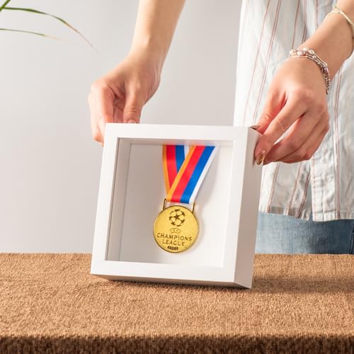5x5 Small Shadow Box Frame with Ultra-Clear Glass & Soft Linen Back | With Push Pins, Deep 1.2" White Shadow Box Display Case – Display on Tabletop or Wall for Insect, Photo, Flower, Keepsakes - color: White+high Definition Panel + Shatter-proof Packaging