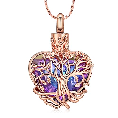 Imrsanl Tree of Life Heart Urn Necklace Cremation Jewelry for Women - color: Rose Gold-Purple