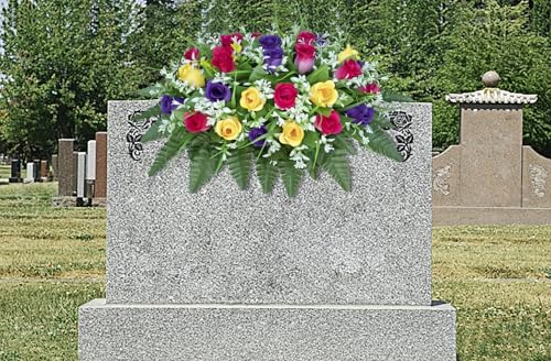 LVXINLI Artificial Cemetery Flowers Saddle-Shaped Tombstone Decorations Non-Fading UV-Resistant（Yellow+Purple+Brilliant Red Saddle） - color: Yellow+purple+brilliant Red Saddle