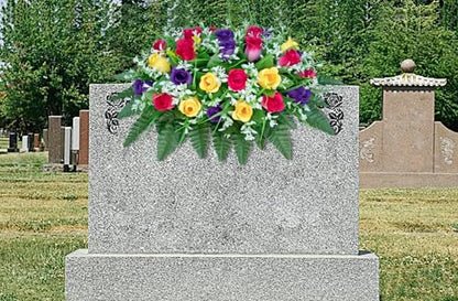 LVXINLI Artificial Cemetery Flowers Saddle-Shaped Tombstone Decorations Non-Fading UV-Resistant（Yellow+Purple+Brilliant Red Saddle） - color: Yellow+purple+brilliant Red Saddle