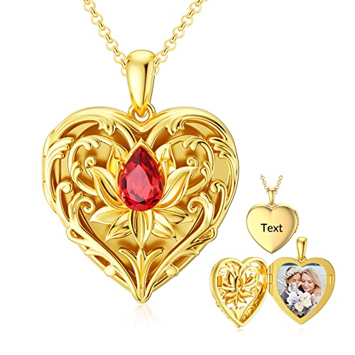 SOULMEET 10K 14K 18K Solid Gold Personalized Sunflower/Starburst/Cross/Rose/Lotus/Butterfly/Turtle/Celtic/Bee Heart Locket Necklace That Holds Picture Gift Choice - style: V1-Solid gold lotus locket+photo+text