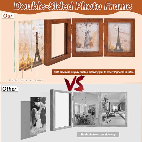 Collage Picture Photo Frames - 4x6, Triple Hinged 3 Desk Picture Frame, Wooden Desk Tabletop Family Photo Frame with Glass Opening, Decorative Folding Trifold Picture Frame Stand Vertical, Brown - style: Collage Brown 3-Fold,4×6"