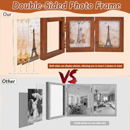 Collage Picture Photo Frames - 4x6, Triple Hinged 3 Desk Picture Frame, Wooden Desk Tabletop Family Photo Frame with Glass Opening, Decorative Folding Trifold Picture Frame Stand Vertical, Brown - style: Collage Brown 3-Fold,4×6"