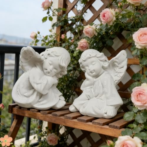 yiyuehang&BL Mini Angel 2-Piece Resin Statues Indoor Outdoor Garden Patio | 2Pcs weatherproof white resin praying angels, tiered tray decor, thoughtful religious sympathy memorial gift indoor outdoor.