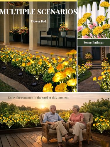 GIGALUMI 4 Pack Solar 28 Carnations Flowers Outdoor, 2 Modes, Yellow - color: Yellow, size: 4 PACK