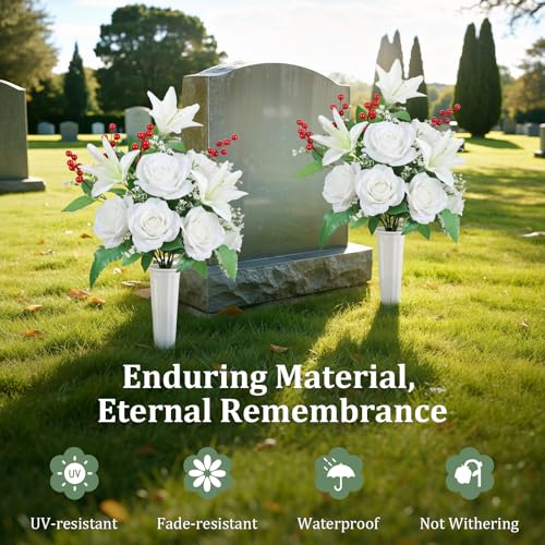 Lewondr Artificial Cemetery Flowers with Vase for Grave, White Lily, 2 Pack - color: Pure White