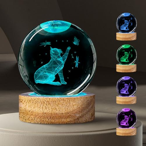 3D Cat Crystal Ball Night Light Cat Lover Gifts for Women 60mm Figurines Glass Lamps with 16 Color and Remote Cute Room Table Decor Birthday Christmas - color: Cat