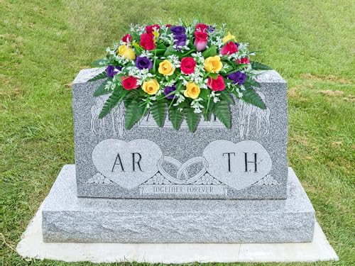 LVXINLI Artificial Cemetery Flowers Saddle-Shaped Tombstone Decorations Non-Fading UV-Resistant（Yellow+Purple+Brilliant Red Saddle） - color: Yellow+purple+brilliant Red Saddle