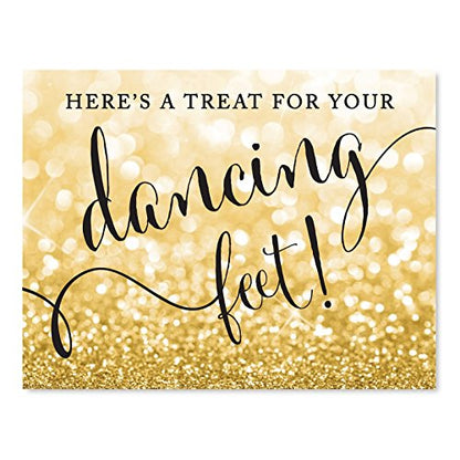 Andaz Press Wedding Party Signs, Glitzy Gold Glitter, 8.5x11-inch, Here's a Treat for Your Dancing Feet! Flip Flop Sandals High Heels Shoes Dance Floor Reception Sign, 1-Pack - color: Activities Dance Sandals