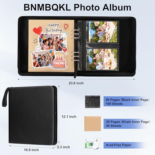 Leather Photo Album 4x6 200 Photos, DIY Scrapbook with 50 Sheets and 20 Blank Kraft Sheets, Travel Souvenir Diary Photo Book for Family Wedding Baby and Holiday Pictures - color: Black
