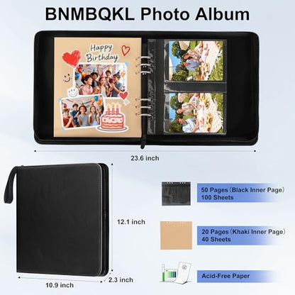 Leather Photo Album 4x6 200 Photos, DIY Scrapbook with 50 Sheets and 20 Blank Kraft Sheets, Travel Souvenir Diary Photo Book for Family Wedding Baby and Holiday Pictures - color: Black
