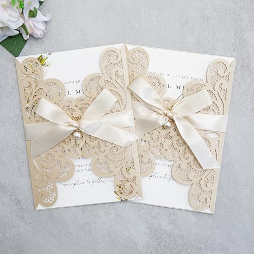 20Pcs Champagne Laser Cut Wedding Invitation Cards With Envelopes - color: Champagne