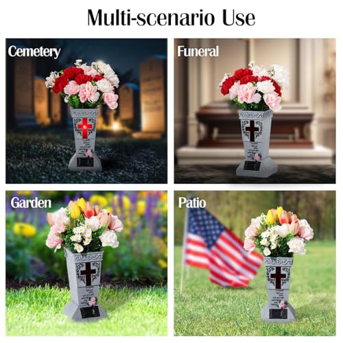 Lewondr Solar Cemetery Vases for Grave, Cross Grave Vases with Spikes | Waterproof Memorial Flower Holder with Solar LED Cross Light,Sympathy Gifts for Loss of Loved One, Gray - color: Gray