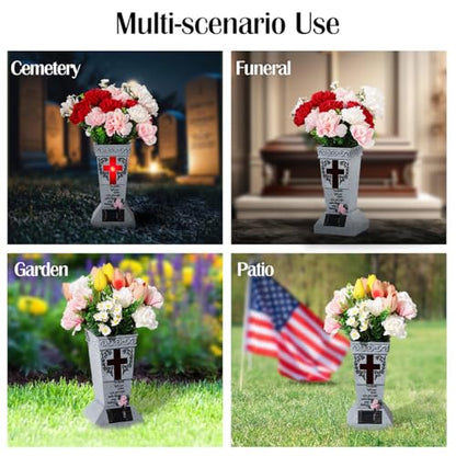 Lewondr Solar Cemetery Vases for Grave, Cross Grave Vases with Spikes | Waterproof Memorial Flower Holder with Solar LED Cross Light,Sympathy Gifts for Loss of Loved One, Gray - color: Gray