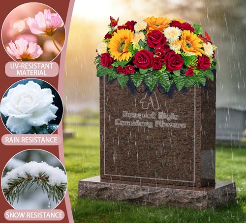 Artificial Headstone Flower Saddle,Cemetery Flowers,Memorial Flowers,Beautiful Arrangements-Silk Daisy Rose Sunflower Chrysanthemum