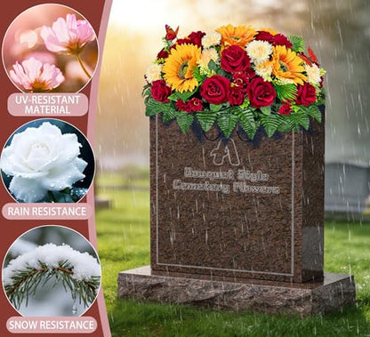 Artificial Headstone Flower Saddle,Cemetery Flowers,Memorial Flowers,Beautiful Arrangements-Silk Daisy Rose Sunflower Chrysanthemum