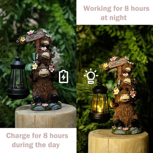 Solar Garden Statues Highland Cow Outdoor Decor Resin Highland Cow Figurine with LED Light Outside Lawn Yard Patio Balcony Gifts for Mom Women - size: 6*5*11 in