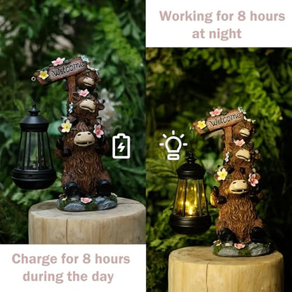 Solar Garden Statues Highland Cow Outdoor Decor Resin Highland Cow Figurine with LED Light Outside Lawn Yard Patio Balcony Gifts for Mom Women - size: 6*5*11 in