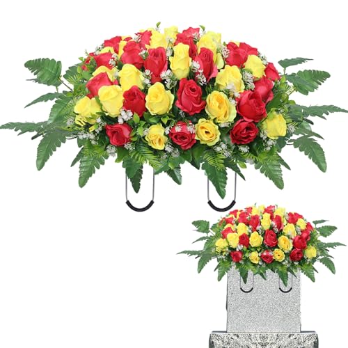 Artificial Cemetery Flowers Saddle,Cemetery Grave Decoration Headstone Flower Saddle Rose Headstone Flower Saddle Outdoor Grave Decorations (Red Yellow) - color: Red Yellow