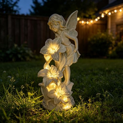 Angel Figurines Garden Statue with Solar Powered Light 12.2IN - color: Showerhead Angel