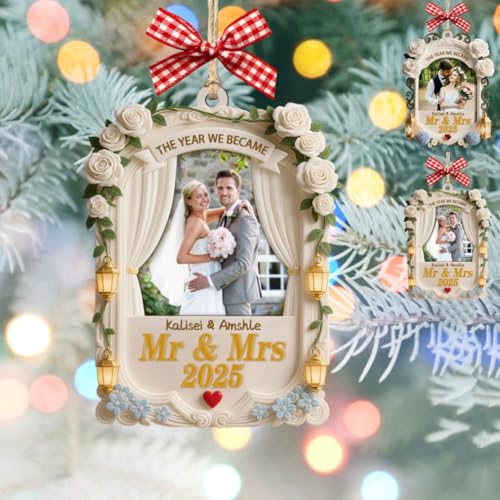Personalized The Year We Became Mr and Mrs 2025 Ornament Custom Name Photo Picture Frame Mr and Mrs Wood Hanging Ornament Engagement Wedding Bridal Shower Gifts for Newlywed Couple Bride and Groom - color: Wedding Photo Christmas Ornament - 1