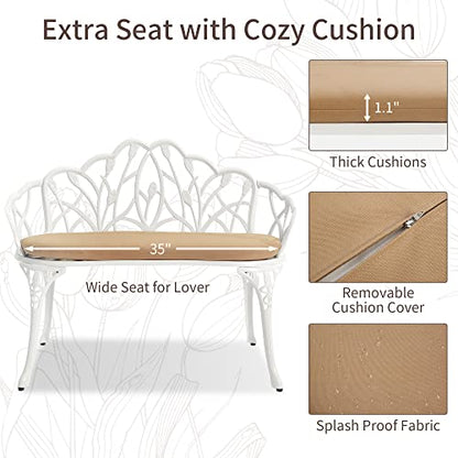 HOMEFUN Outdoor Bench with Cushion, White Tulip Cast-Aluminum Loveseat | Patio Garden Benches, Metal Loveseat, Cast-Aluminum, For Park Lawn Front Porch - color: White Tulip With Cushion