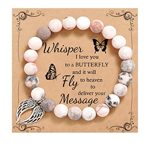 QWNHONEY Memorial Gifts for Loss of Loved Sympathy Remembrance In Memory of Mother Father Pet Bereavement Grief Pink Red Beads Bracelet with Angle Wings Jewelry Gifts for Women - style: Pink-Wings-Whisper I love you to a butterfly