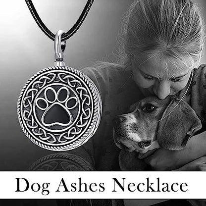 Dreamboat Pet Urn Necklace for Dog Cat Ashes 925 Sterling Silver Paw Print Cremation Keepsake Pendant Celtic Knot Memorial Jewelry Gifts for Women Men - style: 01A-Round (Silver)