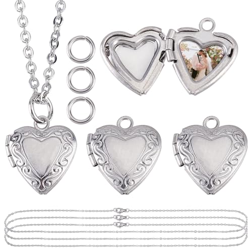 4 Sets Heart Locket Necklace Stainless Steel Photo Locket Pendant Love Shape Memory Charms Metal Heart Photo Frame Pendants for Valentine Gifts Necklace Jewelry Making