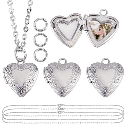4 Sets Heart Locket Necklace Stainless Steel Photo Locket Pendant Love Shape Memory Charms Metal Heart Photo Frame Pendants for Valentine Gifts Necklace Jewelry Making