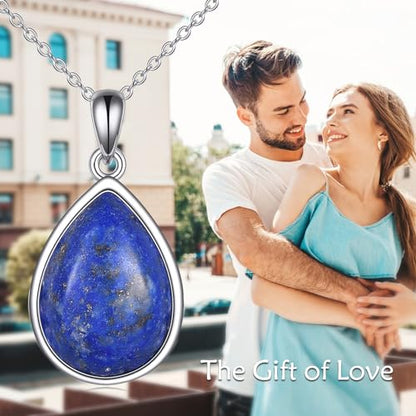CRMAD Larimar/Opal/Lapis Lazuli/Tourmaline/Malachite/Labradorite/Turquoise/Onyx/Rose Quartz/Amber/Peridot Necklace for Women 925 Sterling Silver Teardrop Pendant Jewelry Gifts - color: lapis lazuli
