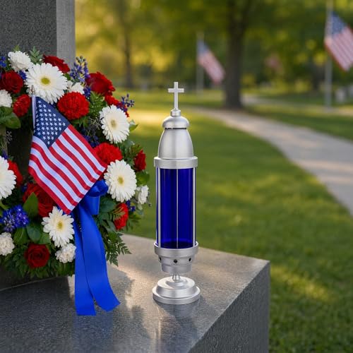 Silver Blue Cemetery Candle Holder for Grave, Cross Memorial Lantern, Cemetery Grave Decoration for Grave Markers