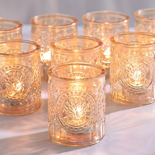 Votive Candle Holders 12 Pack, Gold Glass Tea Lights Candle Holder | Thickened Glass, 2.1"x2.6"(WxH), Vintage Candle Holders Bulk for Table Centerpieces, Fall, Christmas Decor - color: Gold