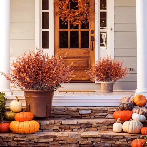 RECUTMS Outdoor Faux Plant Fall Fake Plant UV Resistant Artificial Greenery - color: Brown, size: 8 Bundles