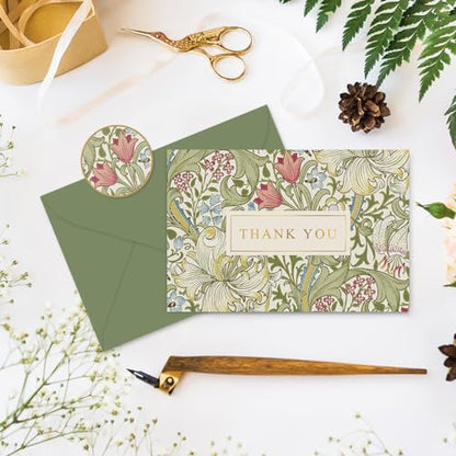 Whaline 24 Pack Floral Gold Foil Thank You Cards with Envelope & Sticker | Green Plant Flower Greeting Card, Vintage Blank Note Cards, for Birthday Baby Shower Wedding Party Supplies, 4 x 6 Inch - style: Green Flower
