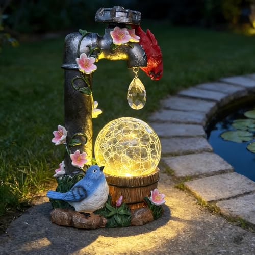 Solar Cardinal Garden Statue Decoration, Water Faucet and Solar Light Glass Ball, Outdoor Resin Garden Statue, Cardinal Gift, Women's Mother's Birthday Gift, Size 9.45 inches - color: Glass Ball Statue