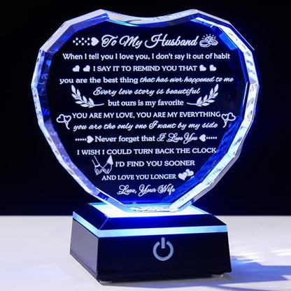 Arikyrist Gifts for Husband from Wife with Colorful LED Base Anniversary Romantic Gifts for Husband Birthday Crystal Keepsake to My Husband I Love You Gifts on Valentine Fathers Day Christmas - style: Husband Gifts + Light Base