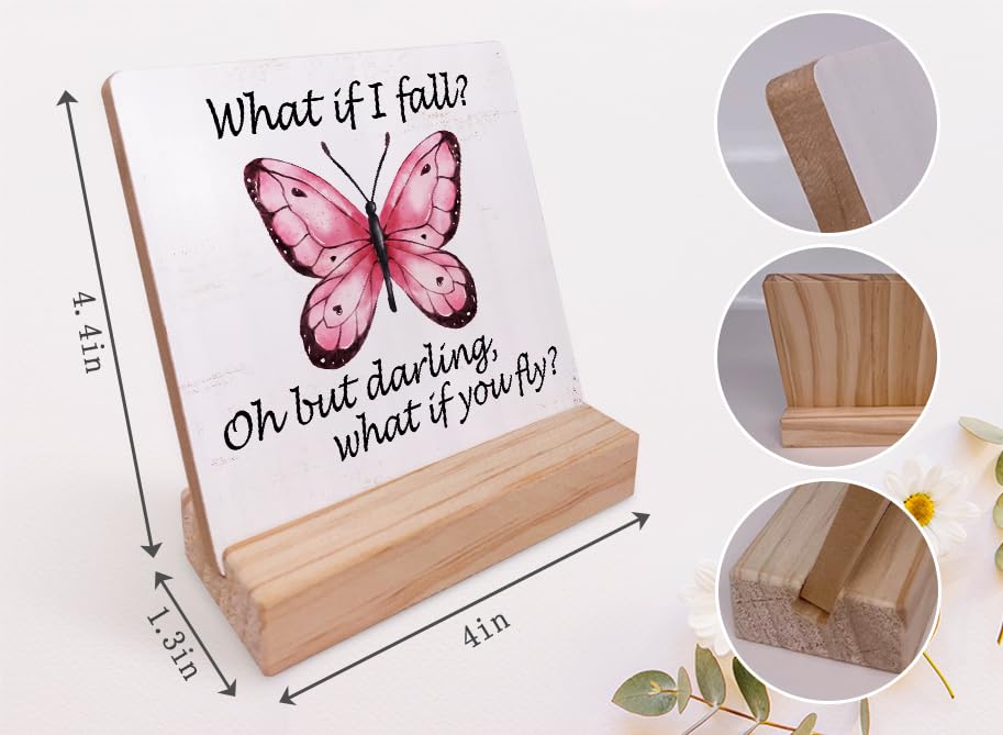 What If I Fall Oh but Darling What If You Fly Inspirational Wood Plaque with Wooden Stand,Motivational Butterfly Wooden Plaque Sign Desk Decor for Home Girls Room Office Table Shelf Decoration