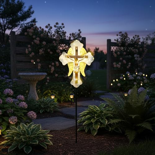 Solar Glass Jesus Cross Outdoor Light Power Stake Tombstone Wings Jesus - color: Jesus