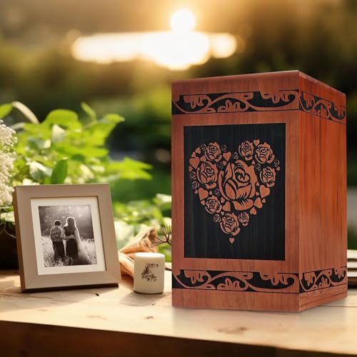 Wooden Cremation Urn for Human Ashes,Wooden Carved Rugosa Rose Cremation Urns,Holds 250 Cubic Inches,Cat and Dog Pet Urns,Decorative Funeral Urn Box and Casket