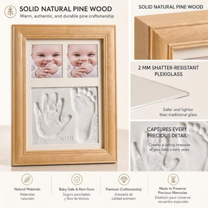 Baby Hand and Footprint Kit with Air Dry Clay, Wooden Keepsake Picture Frame, Newborn Hand & Footprint Frame, Shower Gift for Boys & Girls, Personalized New Mom Gift